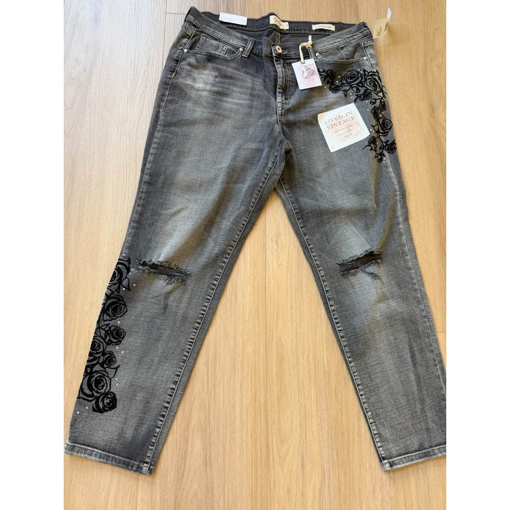 Jessica Simpson Mika Best Friend Jeans Grey Rose Embroidered Distressed Size 31